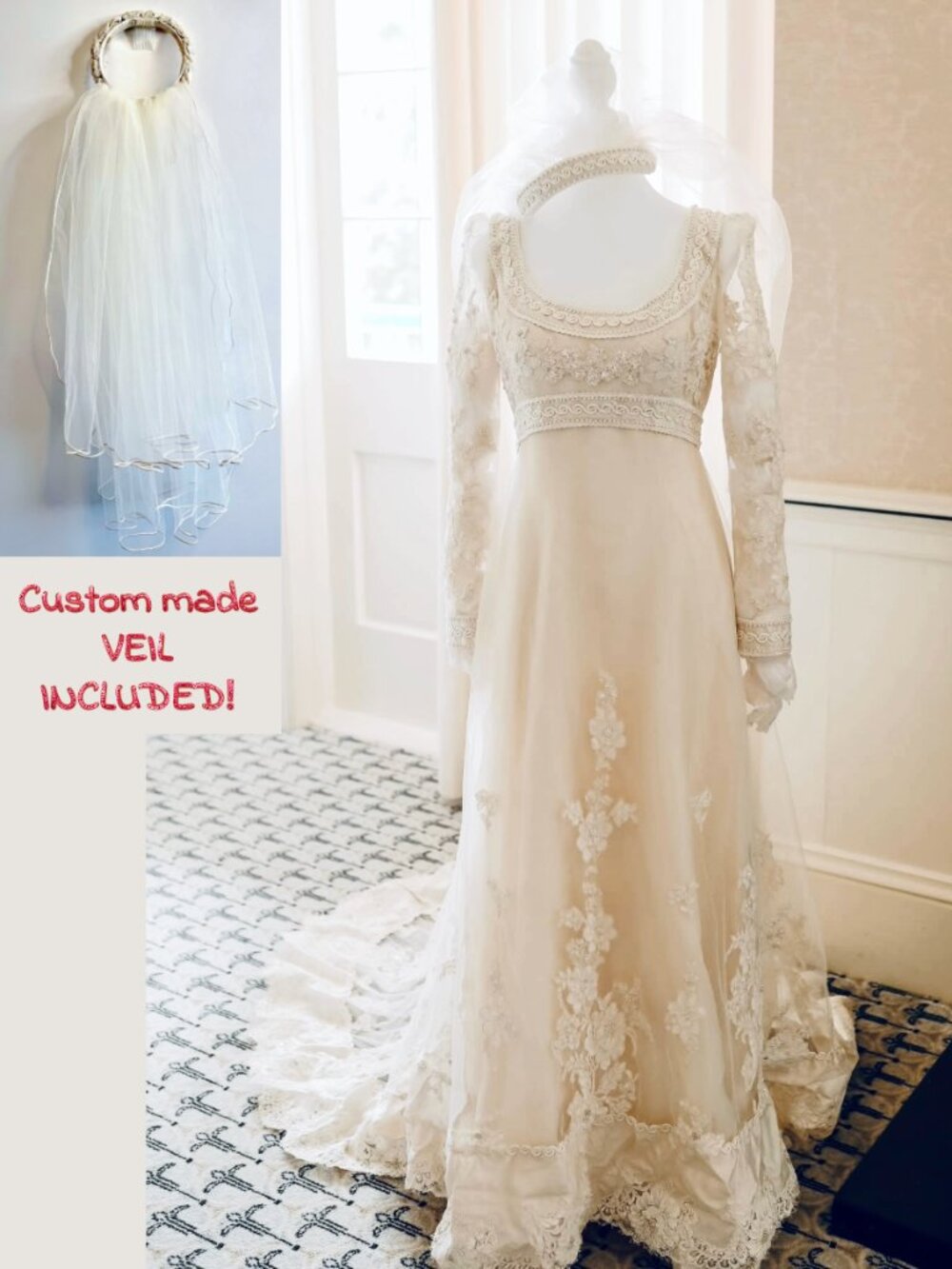 Christos Vintage Couture Wedding Dress Long Sleeve A-Line Silhouette WITH Veil